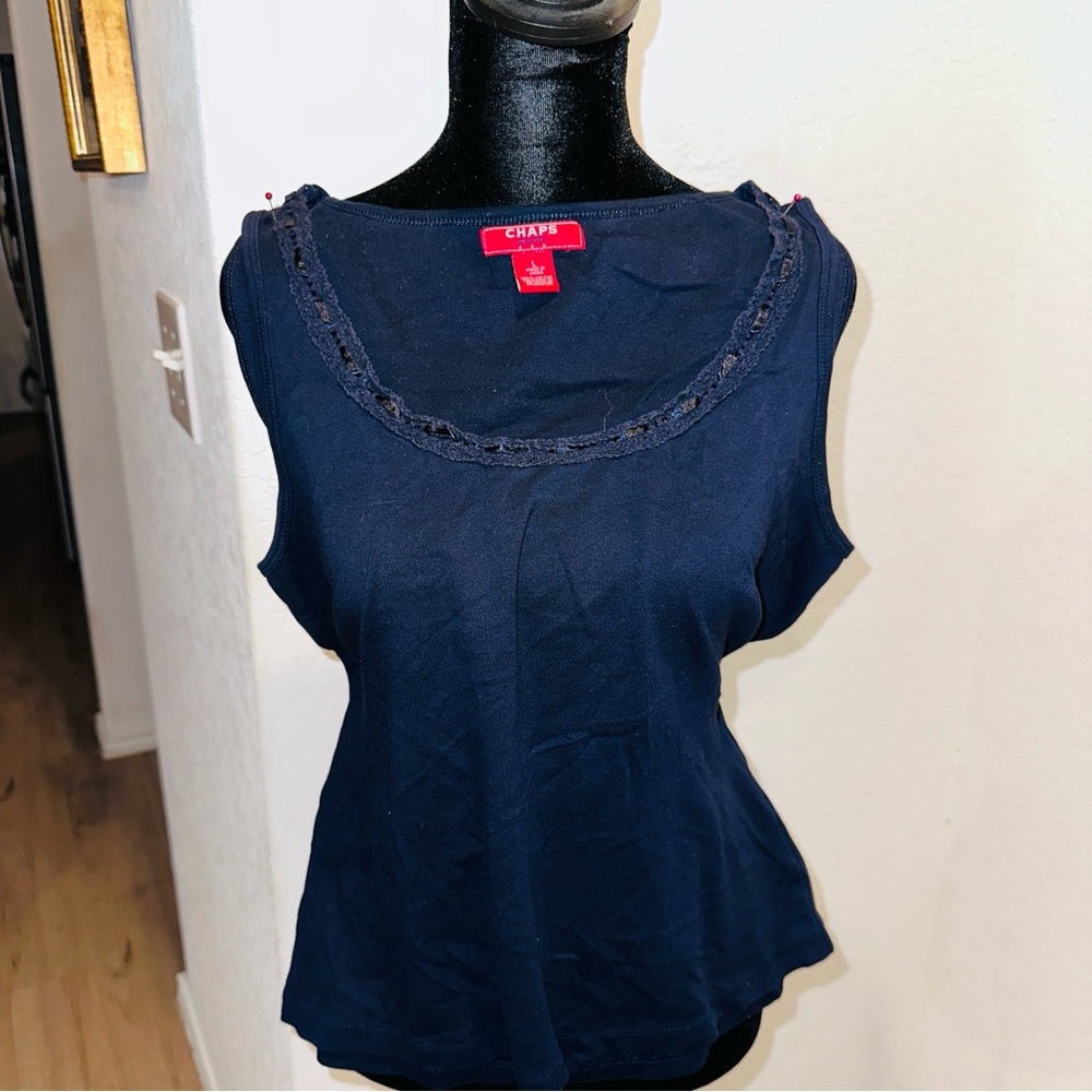 Chaps Navy Sleeveless Lace-Trim Tank